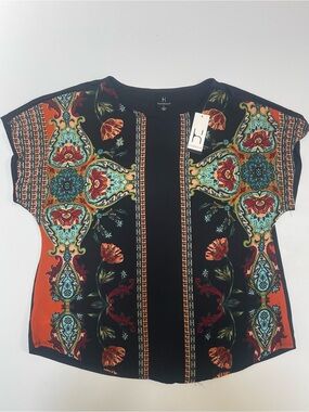 Hannah Boho Floral Paisley Short Sleeve Top Black Multicolor NWT Size Large